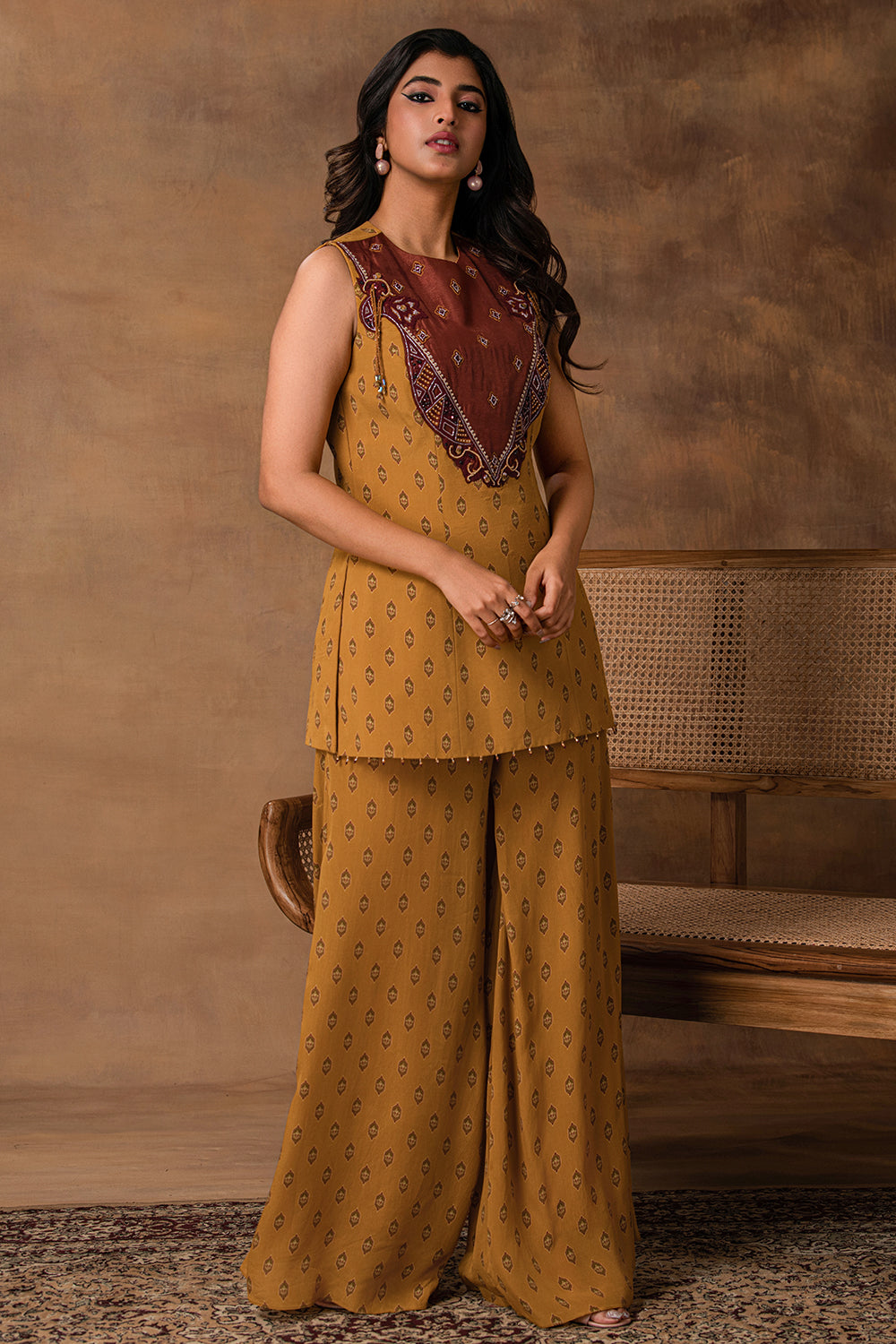 Taraab Mustard Gold Crepe Peplum Co-Ord Set – Side View