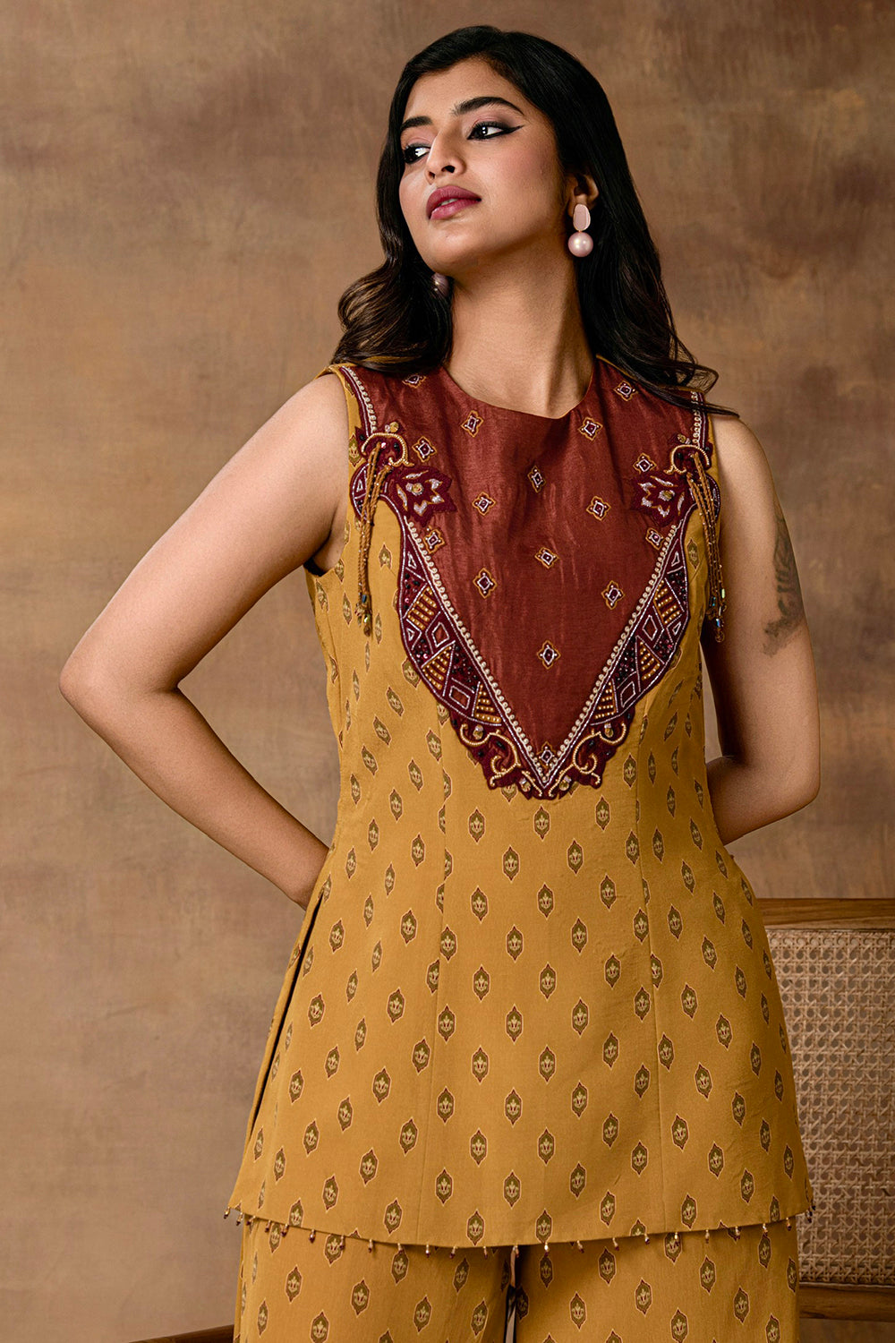 Taraab Mustard Gold Crepe Peplum Co-Ord Set – Back View