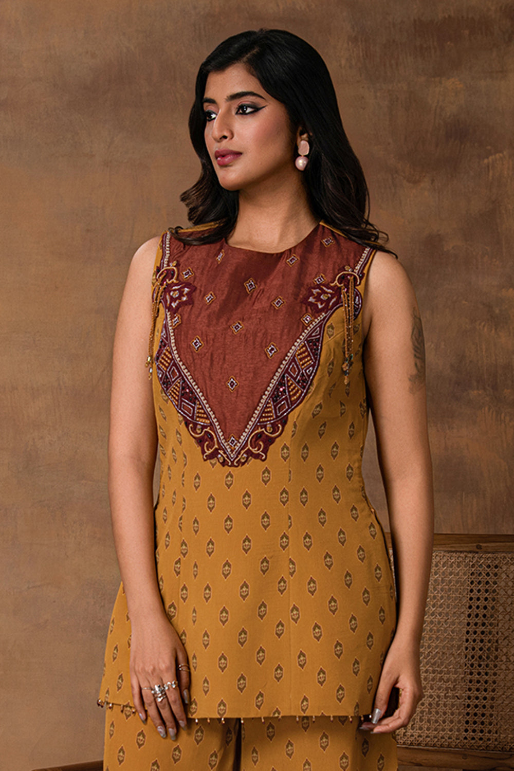 Taraab Mustard Gold Crepe Peplum Co-Ord Set – Close-up View