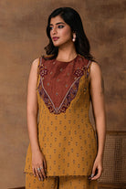 Taraab Mustard Gold Crepe Peplum Co-Ord Set – Close-up View