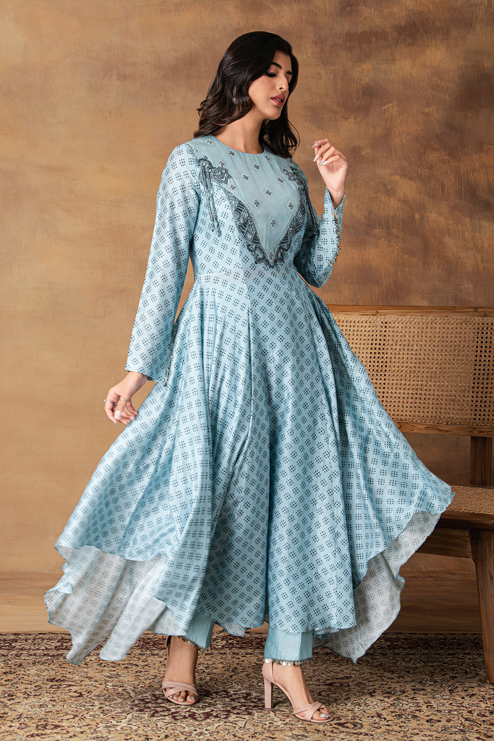 Zeenat Powder Blue Chanderi Asymmetric Kurta Set – Front View