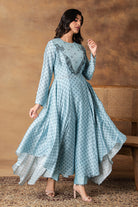 Zeenat Powder Blue Chanderi Asymmetric Kurta Set – Front View