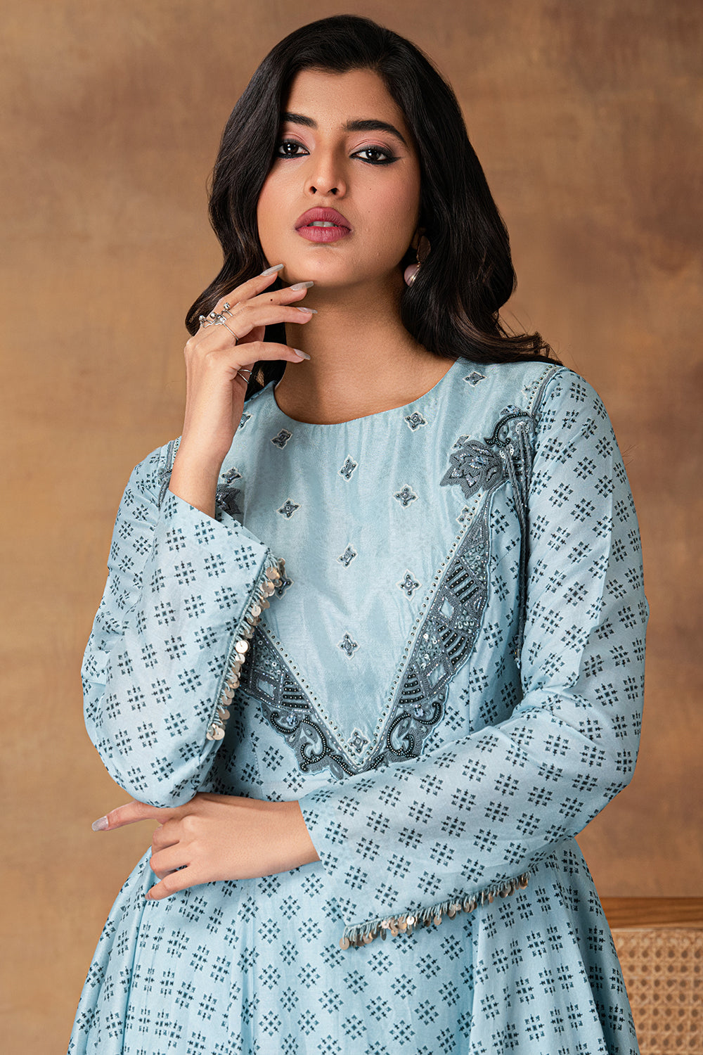 Zeenat Powder Blue Chanderi Asymmetric Kurta Set – Back View
